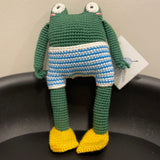 Crochet frog in board shorts by The Crocheting Constable