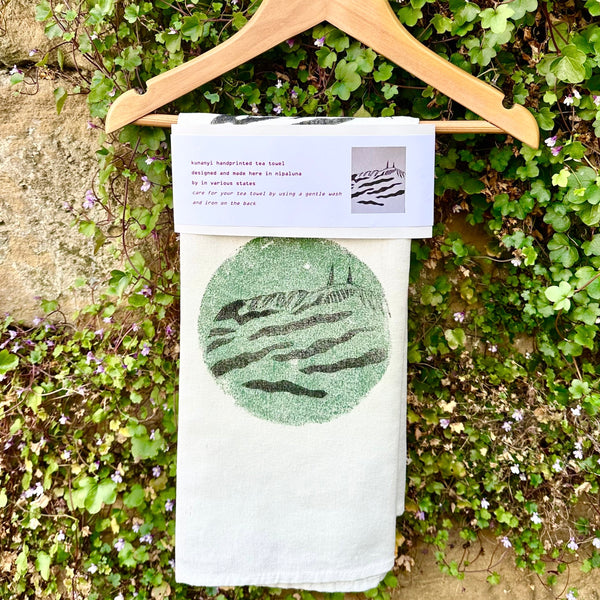 Hand printed kunanyi tea towel by In Various States